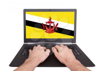 Hands working on laptop showing on the screen the flag of Brunei