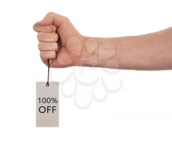 Tag tied with string, price tag - 100 percent off (isolated on white)