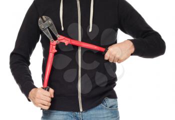 Robber with red bolt cutters, isolated on white