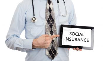 Doctor, isolated on white backgroun,  holding digital tablet - Social insurance