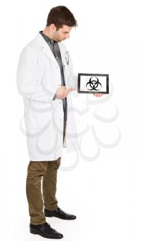 Doctor holding tablet, isolated on white - Warning! Biohazard!