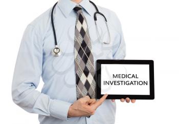 Doctor, isolated on white backgroun,  holding digital tablet - Medical investigation