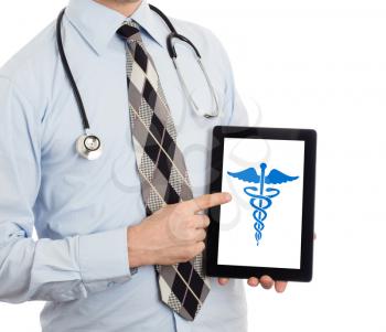 Doctor holding tablet, isolated on white - Caduceus symbol
