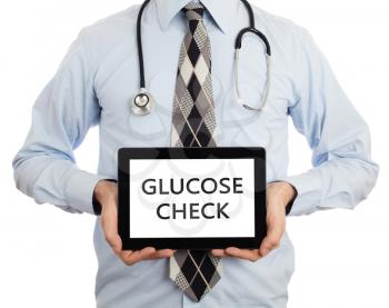 Doctor, isolated on white backgroun,  holding digital tablet - Glucose check