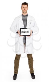Doctor, isolated on white backgroun,  holding digital tablet - Check-up
