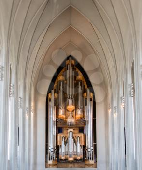 REYKJAVIK, ICELAND - August 2, 2016 : Interior View of the Hallgrimskirkja Church in Reykjavik Iceland on Aug 2, 2016.