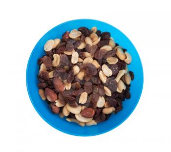Close-up top view mix different of nuts and dried fruits isolated