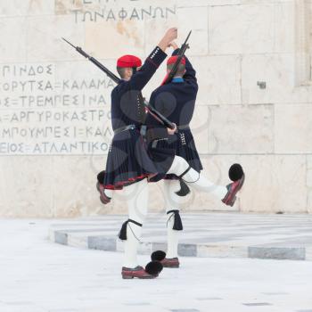 Athens, Greece - October 24, 2017: Evzones in front of the Tomb of the Unknown Soldier