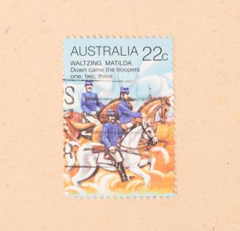 AUSTRALIA - CIRCA 1980: A stamp printed in Australia shows a scene of Waltzing Matilda, circa 1980
