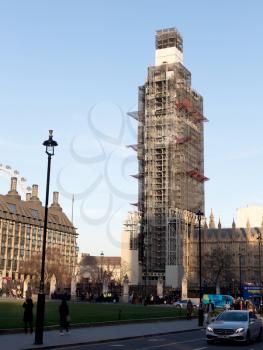 London, United Kingdom - Februari 21, 2019: Big Ben conservation works at the Houses of Parliament aka Westminster Palace