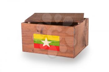 Wooden crate isolated on a white background, product of Myanmar