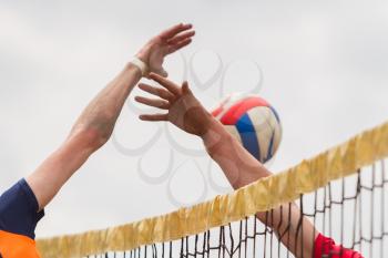 Yellow volleyball net, playing outdoor, selective focus