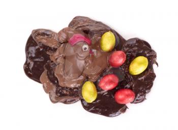 Melting chocolate easter chicken - Isolated on white background