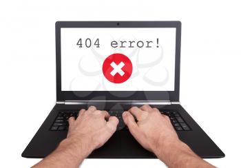 Man working on laptop, 404 error, isolated