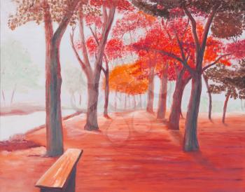 Landscape painting showing beautiful sunny autumn day in a park, red