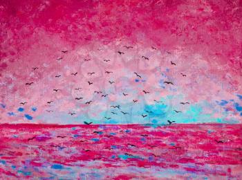 Sunset at the sea, birds in the sky, pink