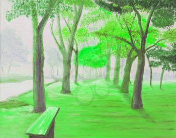 Landscape painting showing beautiful sunny autumn day in a park, green