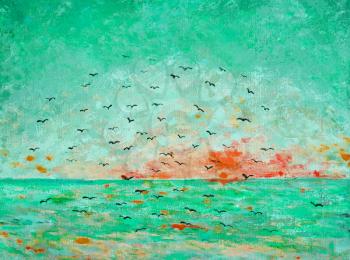 Sunset at the sea, birds in the sky, green