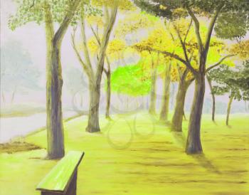Landscape painting showing beautiful sunny autumn day in a park, yellow