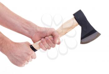 Hand holding a modern axe, isolated on white