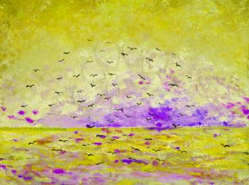 Sunset at the sea, birds in the sky, yellow