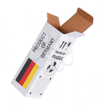 Concept of export, opened paper box - Product of Germany