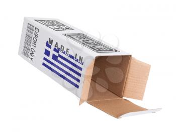 Concept of export, opened paper box - Product of Greece