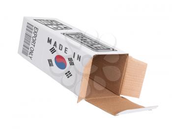 Concept of export, opened paper box - Product of South Korea
