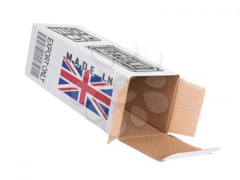 Concept of export, opened paper box - Product of the United Kingdom