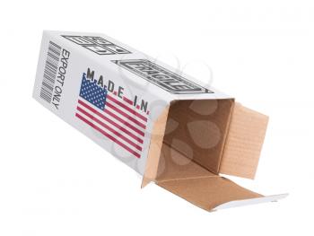 Concept of export, opened paper box - Product of the USA