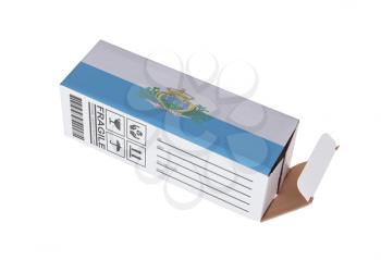 Concept of export, opened paper box - Product of San Marino