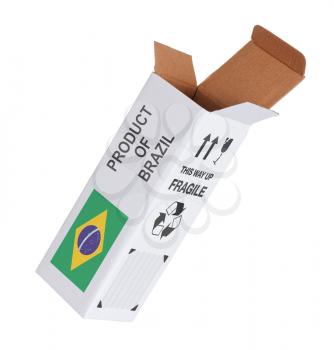 Concept of export, opened paper box - Product of Brazil