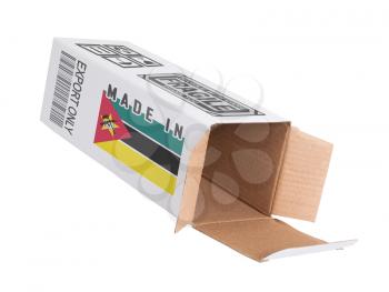 Concept of export, opened paper box - Product of Mozambique