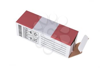 Concept of export, opened paper box - Product of Peru