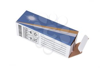 Concept of export, opened paper box - Product of Marshall Islands