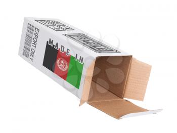 Concept of export, opened paper box - Product of Afghanistan