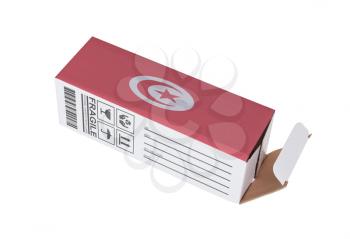 Concept of export, opened paper box - Product of Tunisia