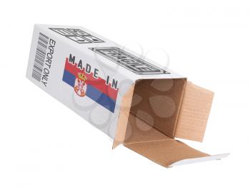 Concept of export, opened paper box - Product of Serbia