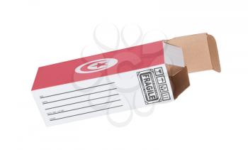 Concept of export, opened paper box - Product of Tunisia