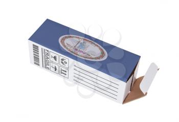Concept of export, opened paper box - Product of Virginia