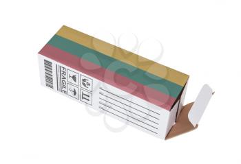 Concept of export, opened paper box - Product of Lithuania