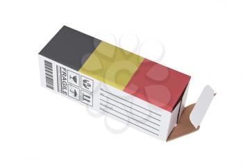 Concept of export, opened paper box - Product of Belgium