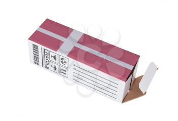 Concept of export, opened paper box - Product of Denmark