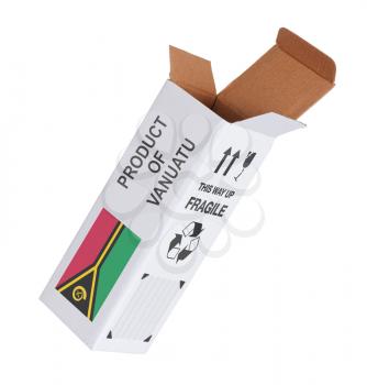 Concept of export, opened paper box - Product of Vanuatu