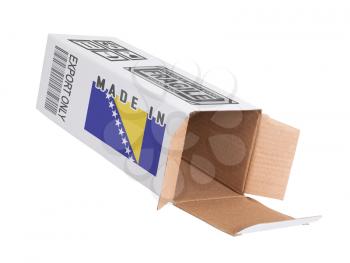 Concept of export, opened paper box - Product of Bosnia Herzegovina