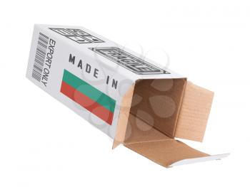 Concept of export, opened paper box - Product of Bulgaria