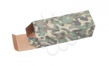 Camouflaged cardboard box on a white background
