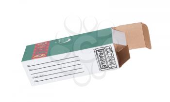 Concept of export, opened paper box - Product of Turkmenistan