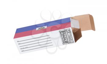 Concept of export, opened paper box - Product of Liechtenstein