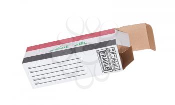 Concept of export, opened paper box - Product of Iraq
